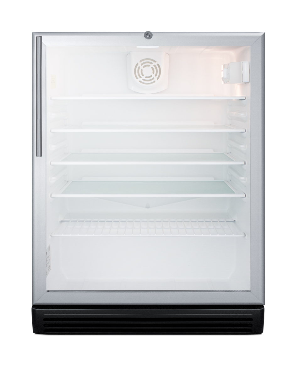 Commercially listed ADA compliant built-in undercounter beverage center with black cabinet, glass door, stainless steel handle, and lock